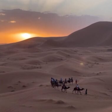 Coucher de soleil dans le désert avec une caravane de chameaux